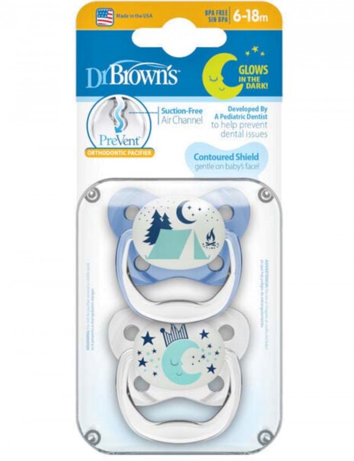 Dr. Brown's Prevent Ορθοδοντικές Πιπίλες Νυκτός Πεταλούδα 6-18 Μηνών Μπλε 2Τμχ PV220