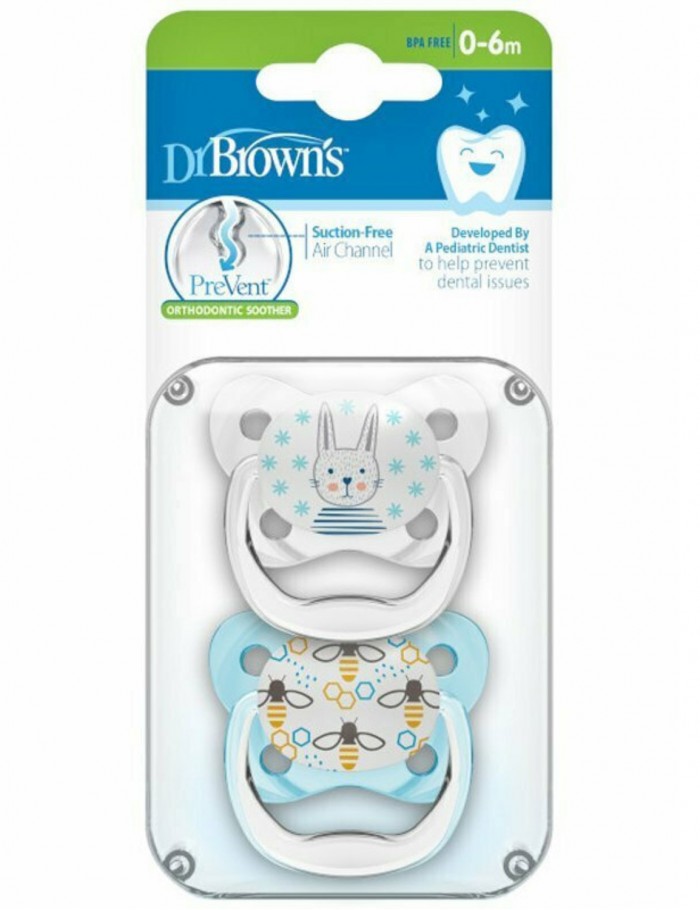 Dr. Brown's Prevent Ορθοδοντικές Πιπίλες Νυκτός Πεταλούδα 0-6 Μηνών Μπλε-λευκό 2Τμχ PV12402
